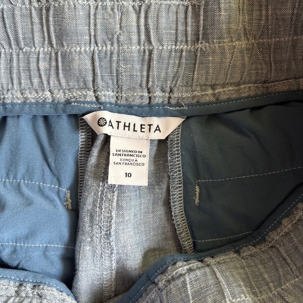 Athleta Cabo Linen 4" Shorts Light Blue Chambray Drawstring Waist 10 - Picture 2 of 9